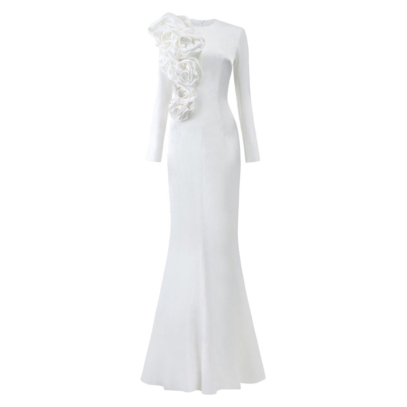 WHITE LONG SLEEVES DRESS WITH DRAPED ROSES DETAIL