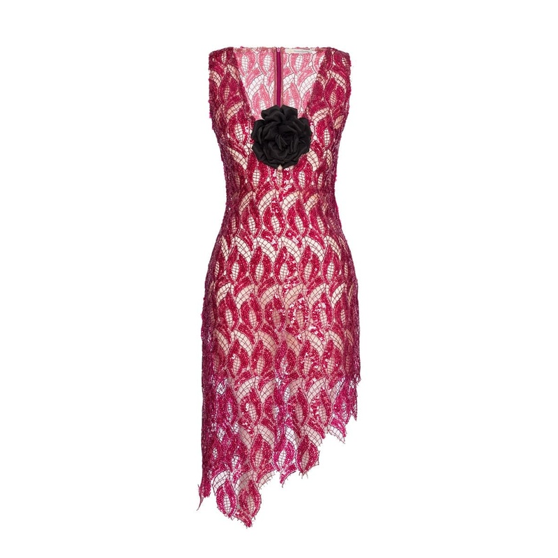 ASYMMETRIC SEQUINED LACE MINI DRESS WITH DETACHABLE ROSE