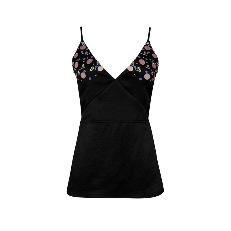 BLACK EMBROIDERED V-NECK TOP