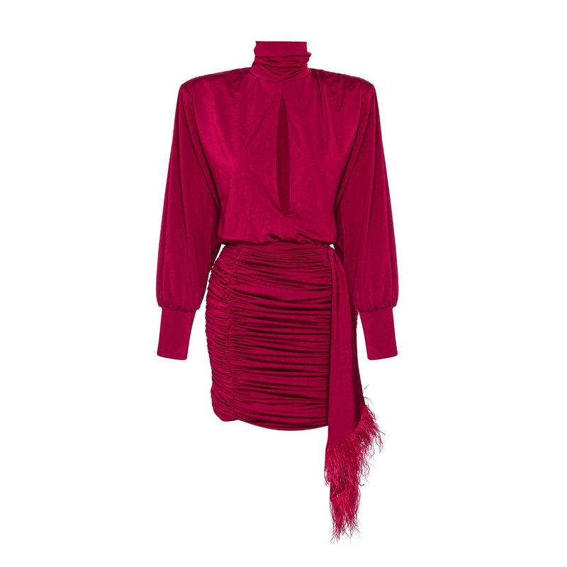 BURGUNDY RUCHED FEATHER-TRIMMED MINI DRESS