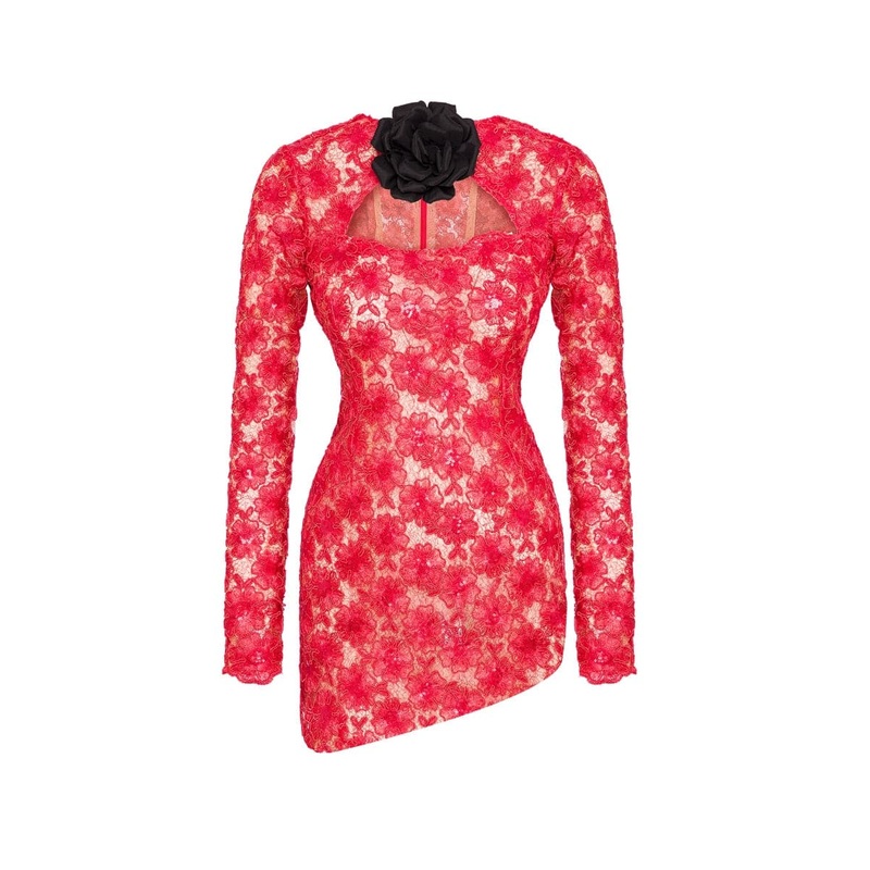 CUT-OUT 3D SATIN ROSE SEQUINED-LACE MINI DRESS