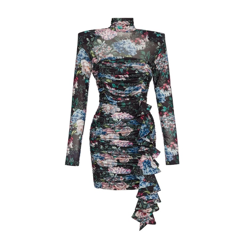 DALAL RUCHED FLORAL PRINTED MINI DRESS