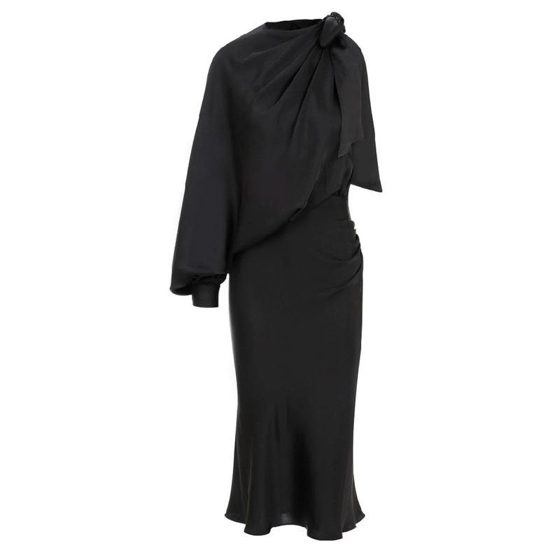EMILLIEN NOIR ASYMMETRIC SATIN MIDI DRESS