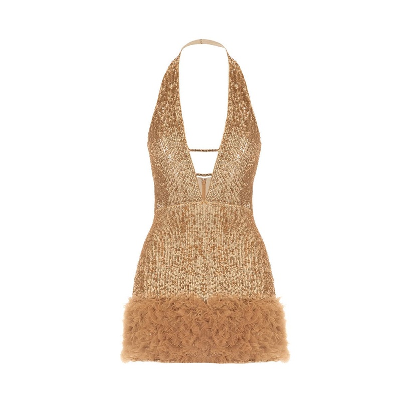 GOLD SEQUINNED TULLE-DETAIL MINI DRESS