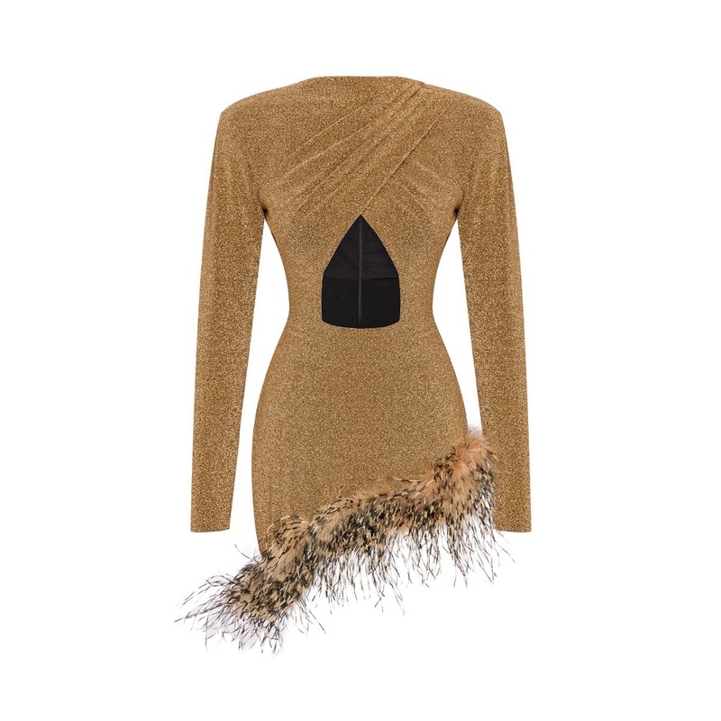GOLDEN METALLIC FEATHER-TRIMMED MINI DRESS