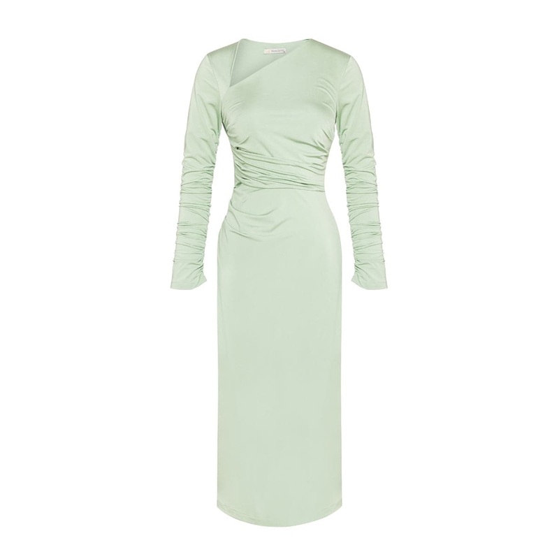 GREEN RUCHED ASYMMETRIC JERSEY MIDI DRESS