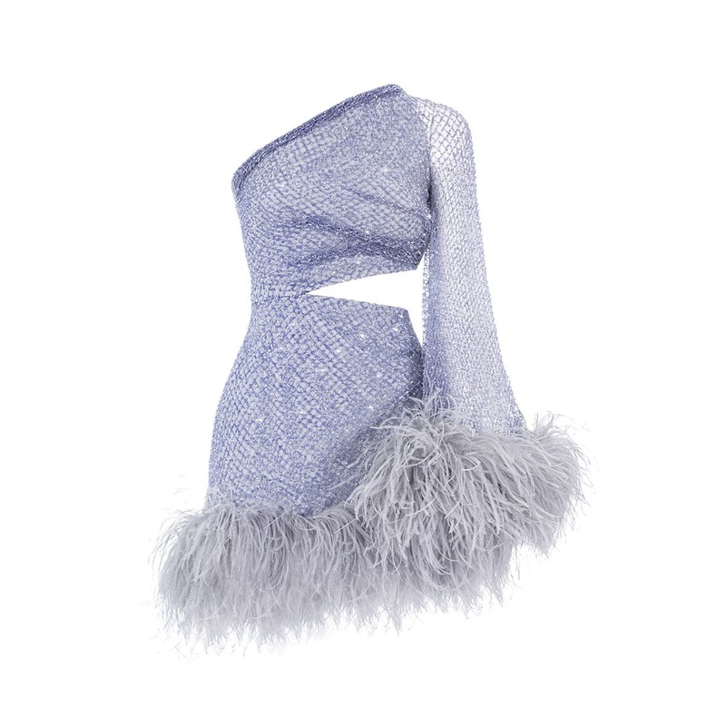 LAVENDER CRYSTAL FEATHERED MINI DRESS
