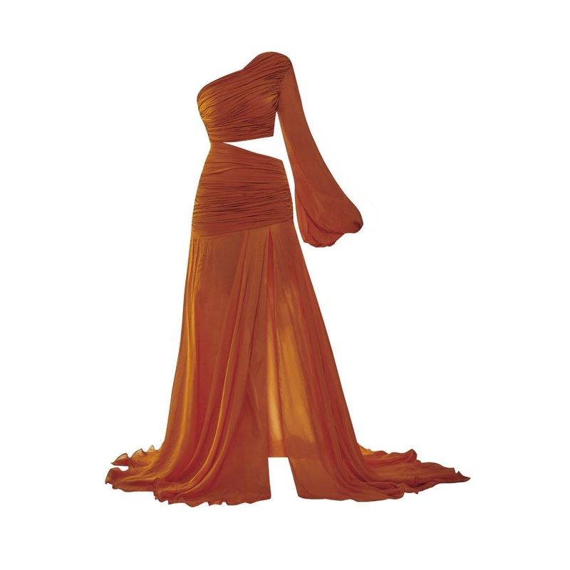 MARIELLE RUST ONE-SHOULDER RUCHED GOWN