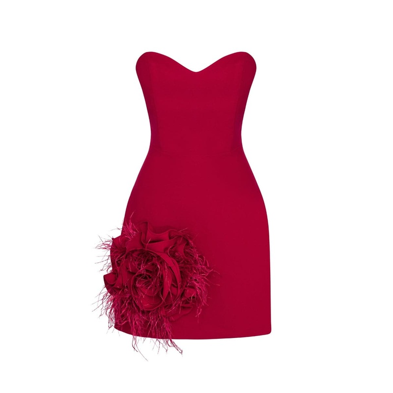 NOUR STRAPLESS 3D FEATHER TRIMMED ROSE CREPE MINI DRESS