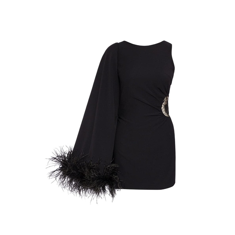 ONE-SHOULDER FEATHER-TRIMMED LACE MINI DRESS