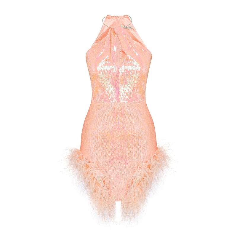 PEACH FEATHER-TRIMMED HALTER NECK MINI DRESS