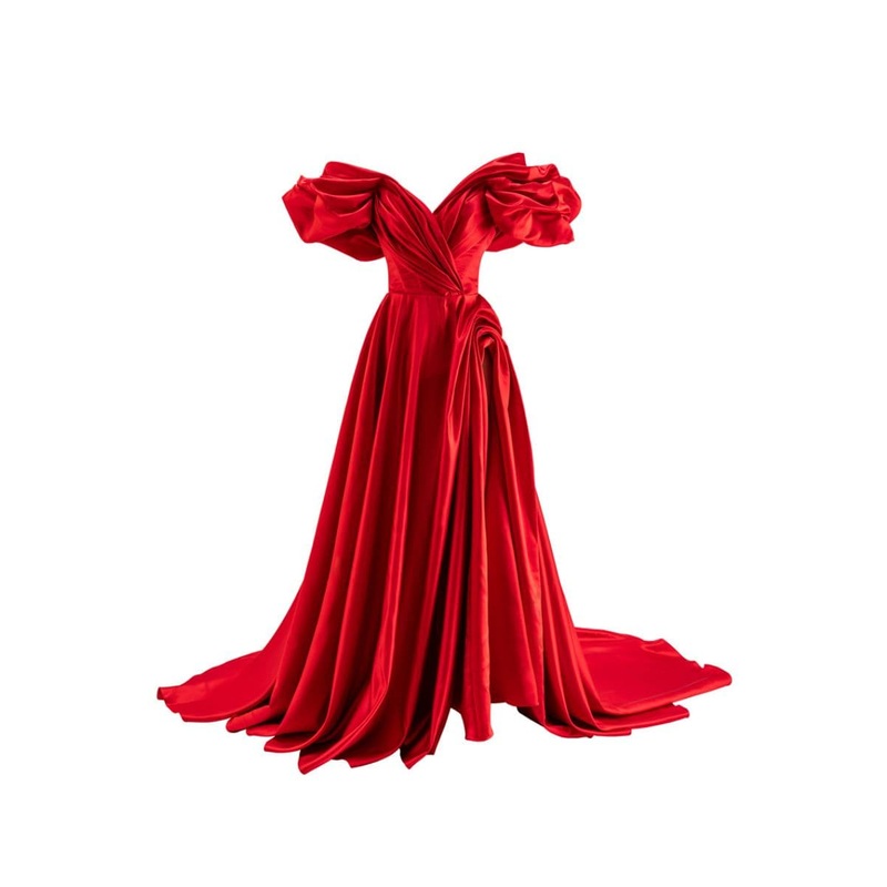 RED VOLUME SCULPTED GOWN
