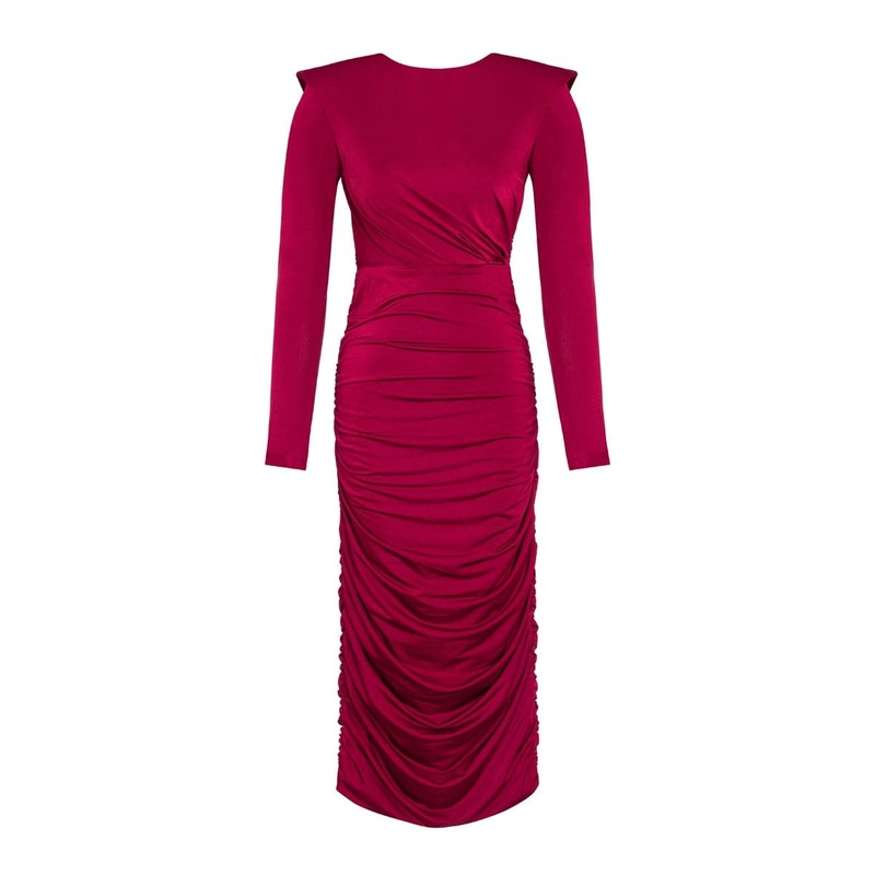 SAHAR RED RUCHED STRETCH-JERSEY MIDI DRESS