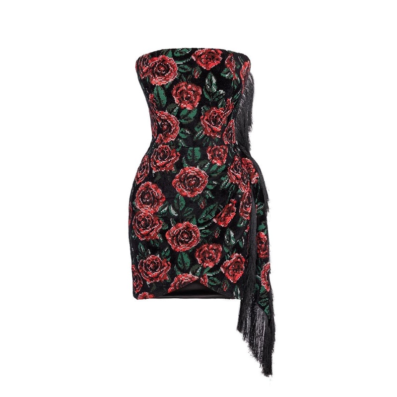 STRAPLESS WRAPPED CORDUROY ROSE MINI DRESS