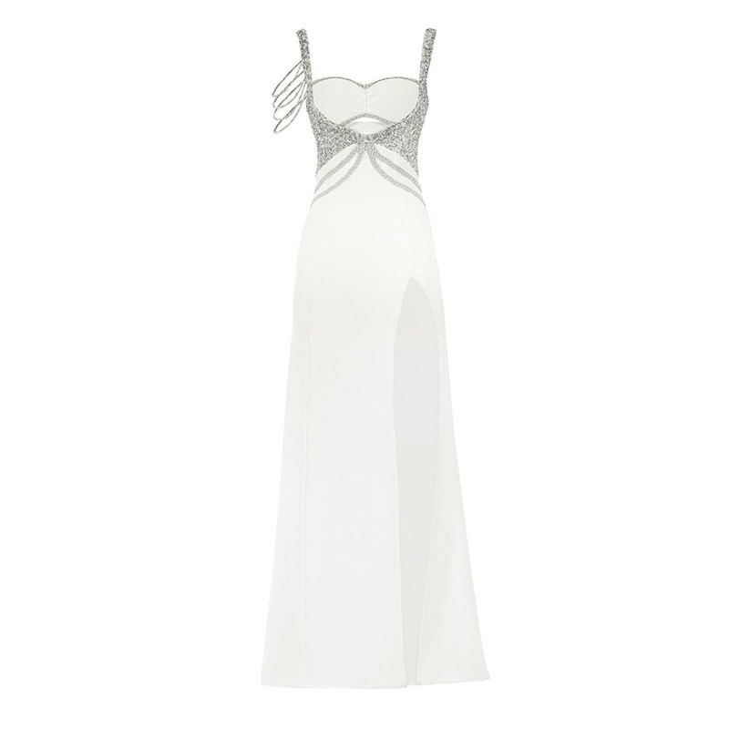 WHITE CRYSTAL-EMBELLISHED MAXI DRESS