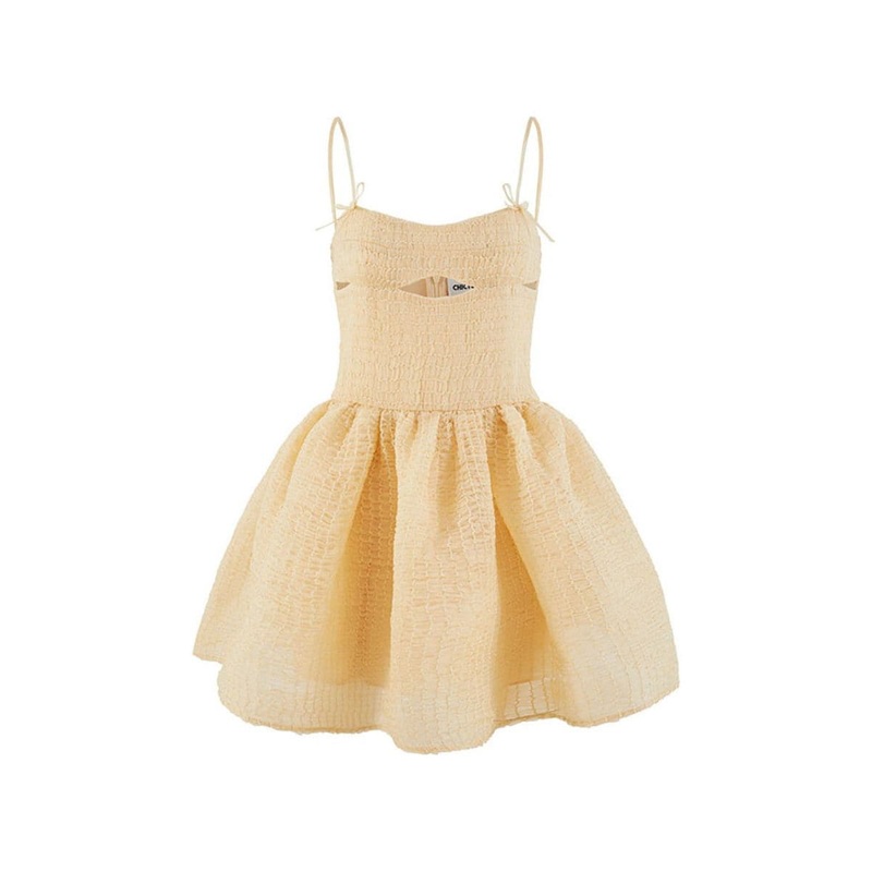 BEIGE SADIE SHIRRED SILK MINI DRESS