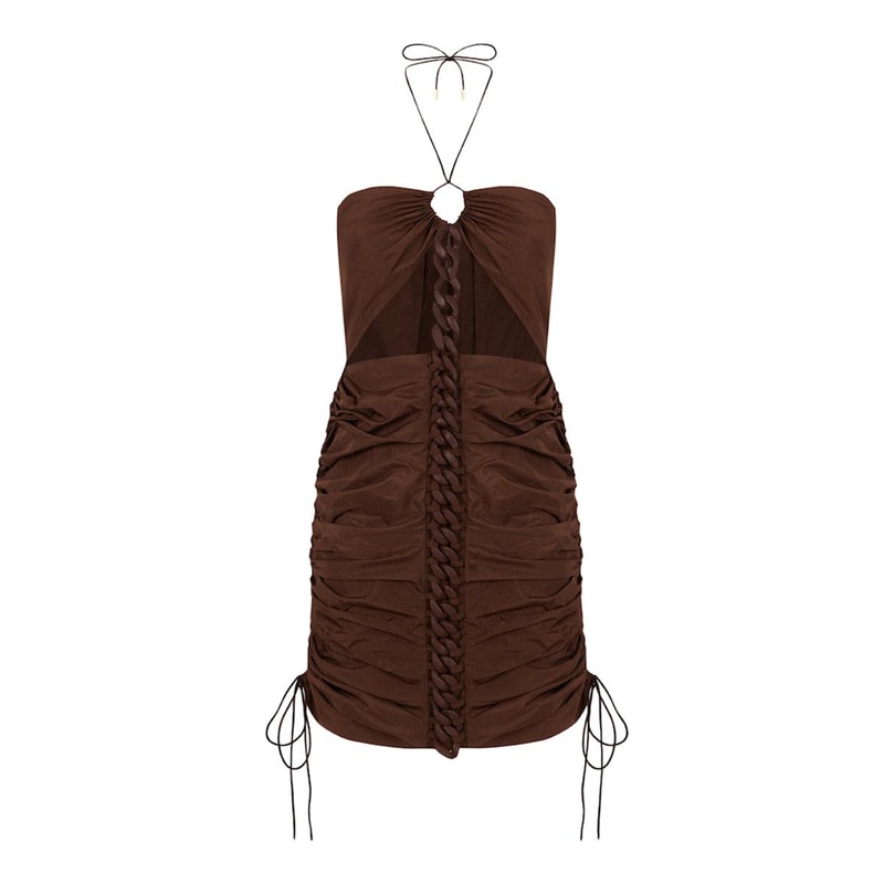 BROWN CHAIN GATHERED MINI DRESS