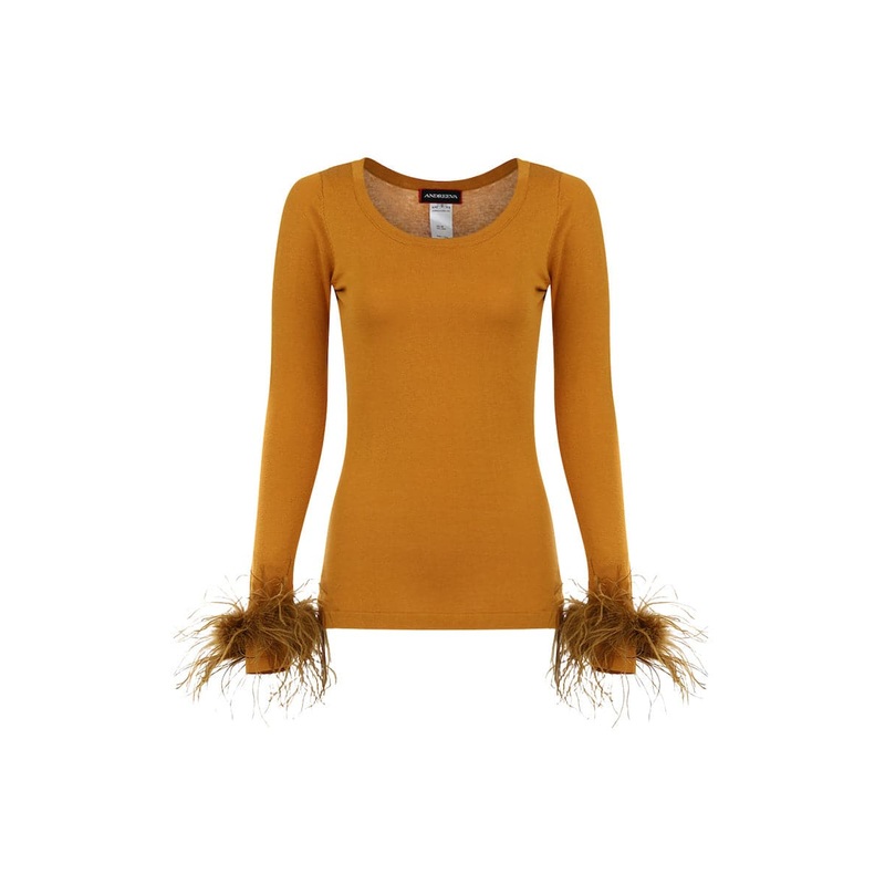 CAMEL KNIT TOP WITH DETACHABLE FEATHER CUFFS