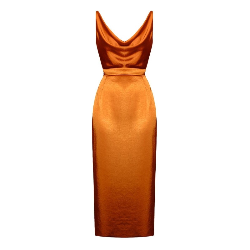 KAMEA BROWN SATIN DRAPED MIDI DRESS