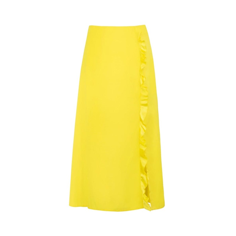 LEMON YELLOW RUFFLED SILK MIDI SKIRT