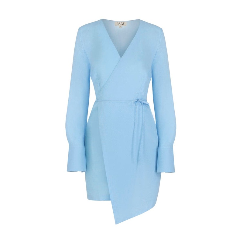 LIGHT BLUE LINEN-BLEND WRAP MINI DRESS