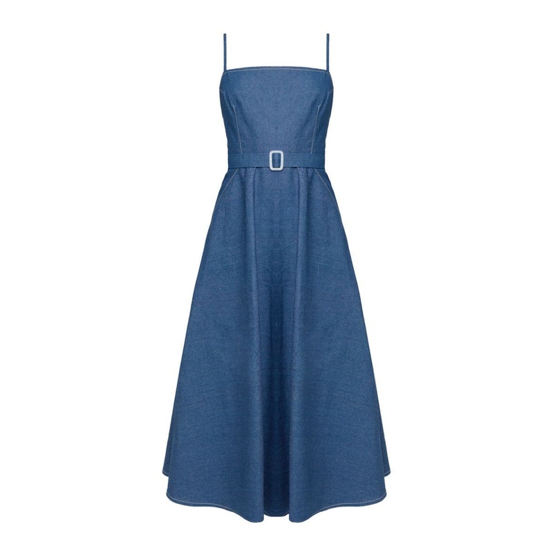 MATISSA BLUE DENIM RETRO CIRCLE SKIRT MIDI DRESS