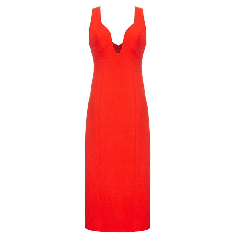RED FITTED MIDI DRESS