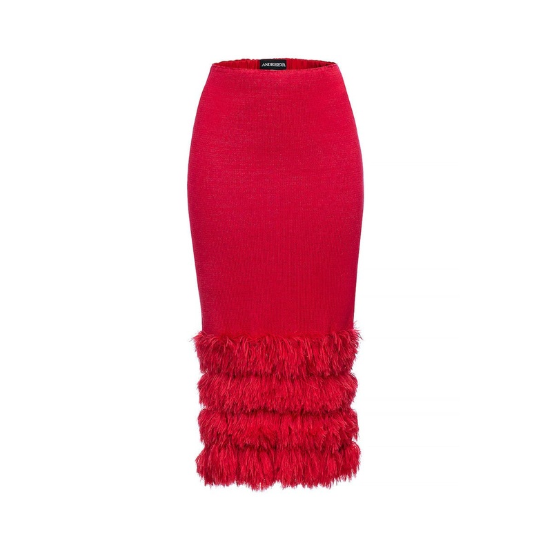 RED KNIT SKIRT WITH HANDMADE KNIT DETAILS