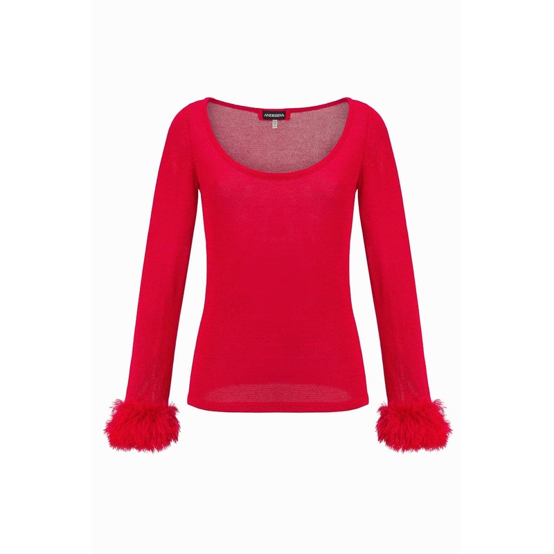 RED KNIT TOP WITH HANDMADE KNIT DETAILS