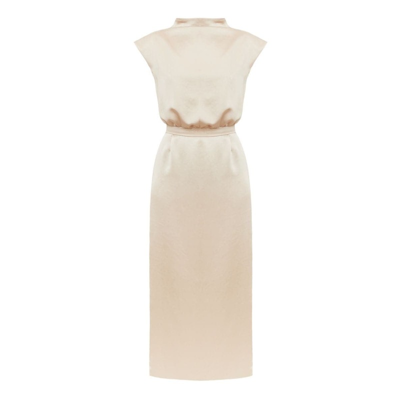 TESSA ELEGANT BEIGE SATIN KIMONO SLEEVES MIDI DRESS