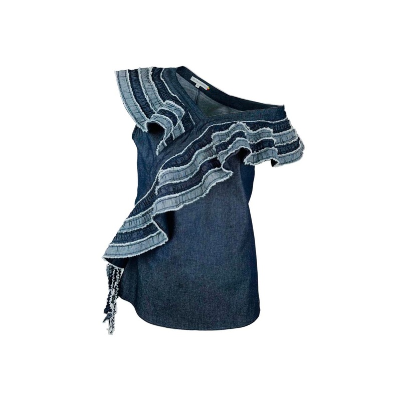 ASYMMETRIC FLAIR DENIM TOP IN BLUE