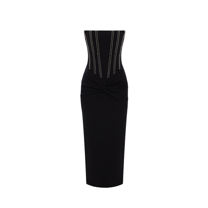 CORSET DETAILED STRAPLESS MIDI DRESS IN BLACK