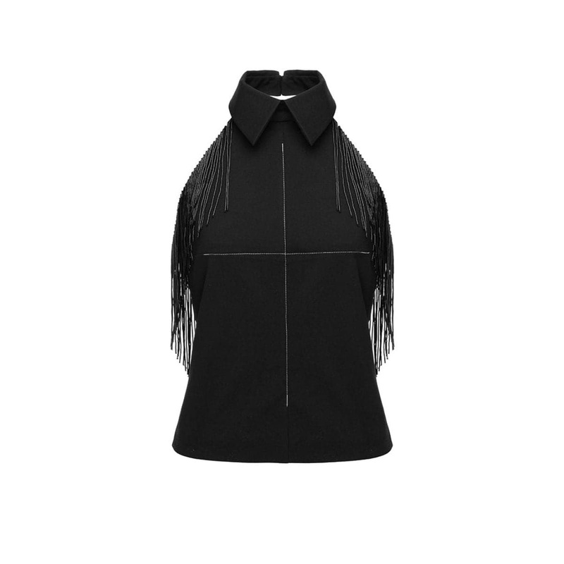 BLACK TOP WITH BEADED FRINGE