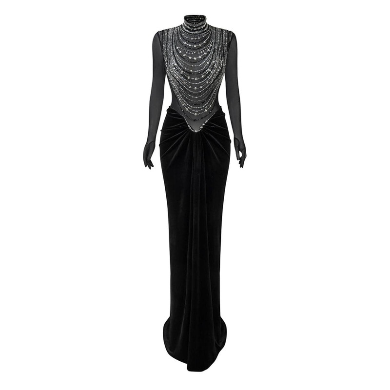 DAZZLING BLACK DRAPED BEADED GOWN