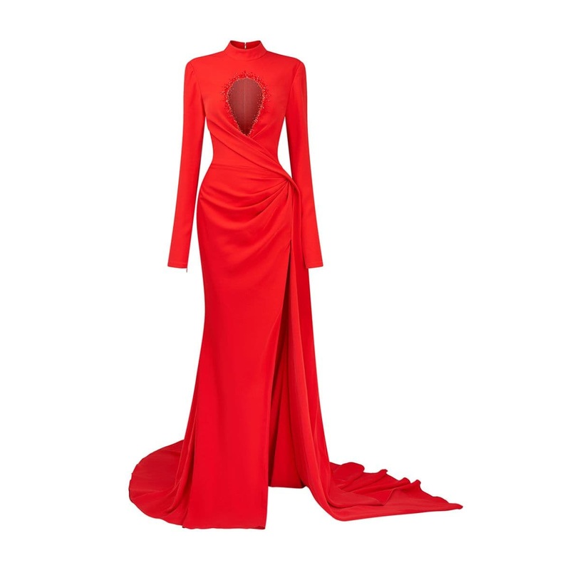 EUGEN RED SPLIT DRAPED GOWN