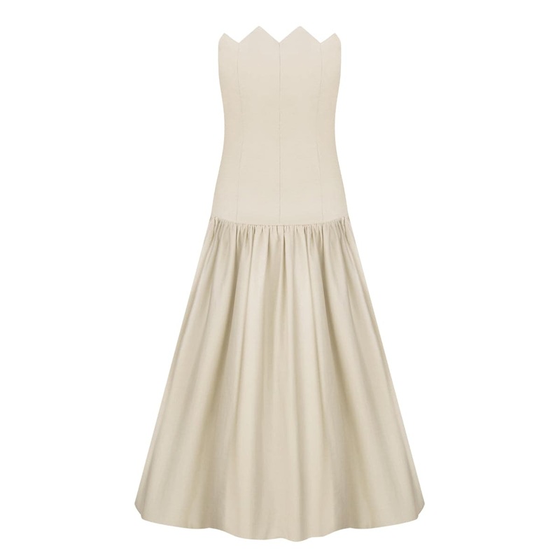 GONT BEIGE STRAPLESS A-LINE MIDI DRESS