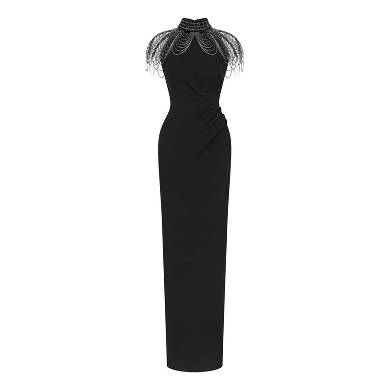 LOUSIA BLACK HIGH-NECK DRAPED GOWN