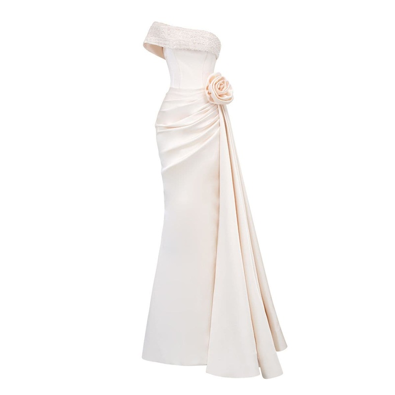 OFF-SHOULDER DRAPED SILK MERMAID GOWN