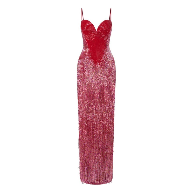 OYSTER RED LONG BEADED GOWN