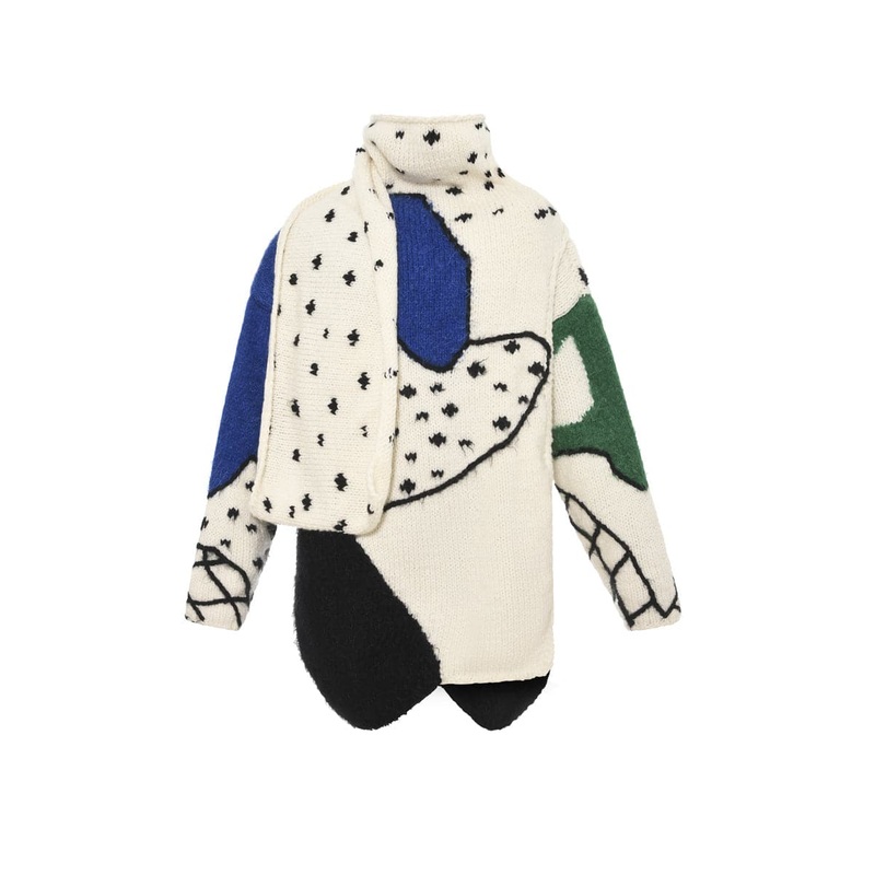 SCARFED HAND KNIT MULTICOLOR CARDIGAN