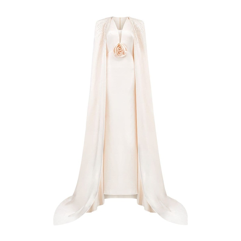 V-NECK GOWN WITH PLEATED LONG CAPE