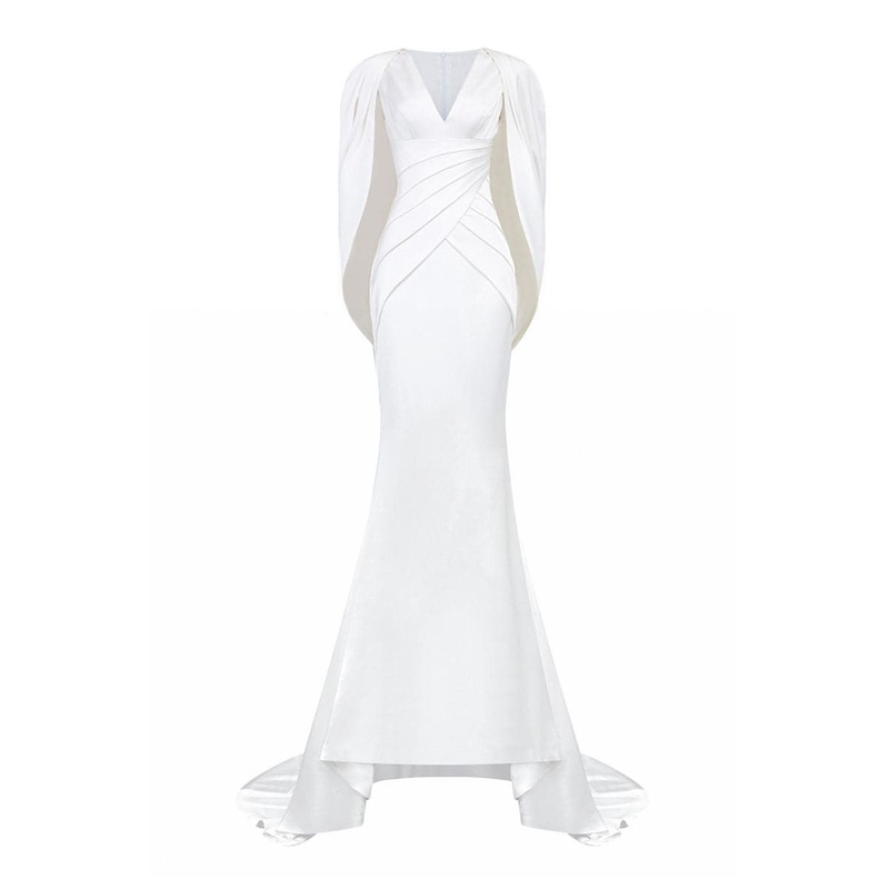V-NECK MULLET GOWN WITH PLEATED CAPE