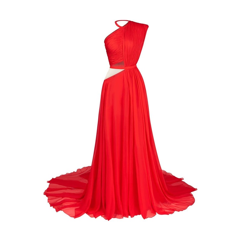VENUS RED ASYMMETRIC SPLIT GOWN