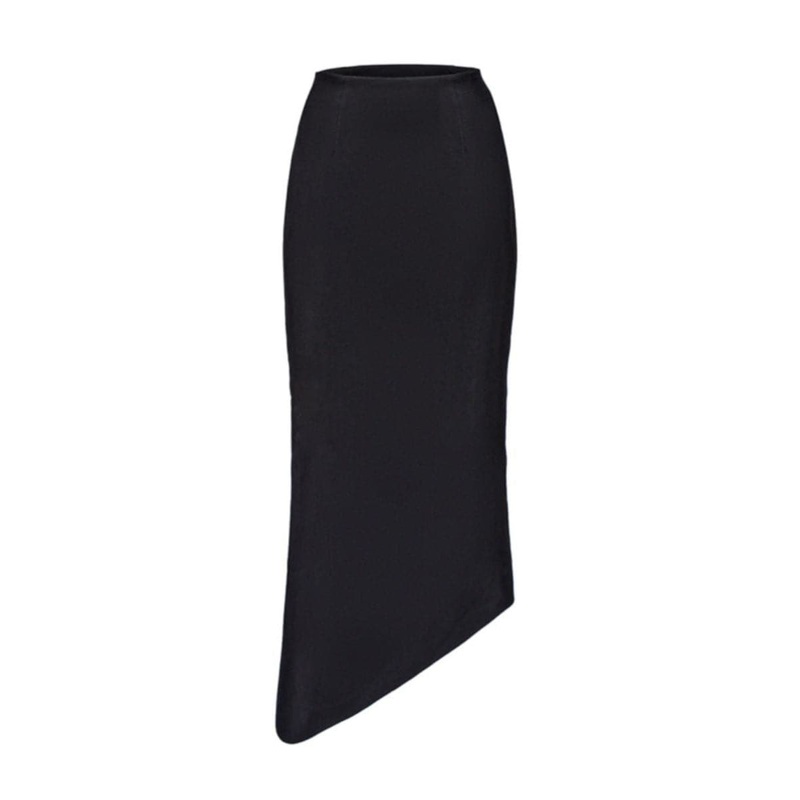 BLACK HIGH-RISE ASYMMETRIC MIDI SKIRT