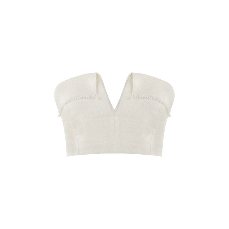DUNE WHITE LINEN FRINGE V NECK CROP TOP