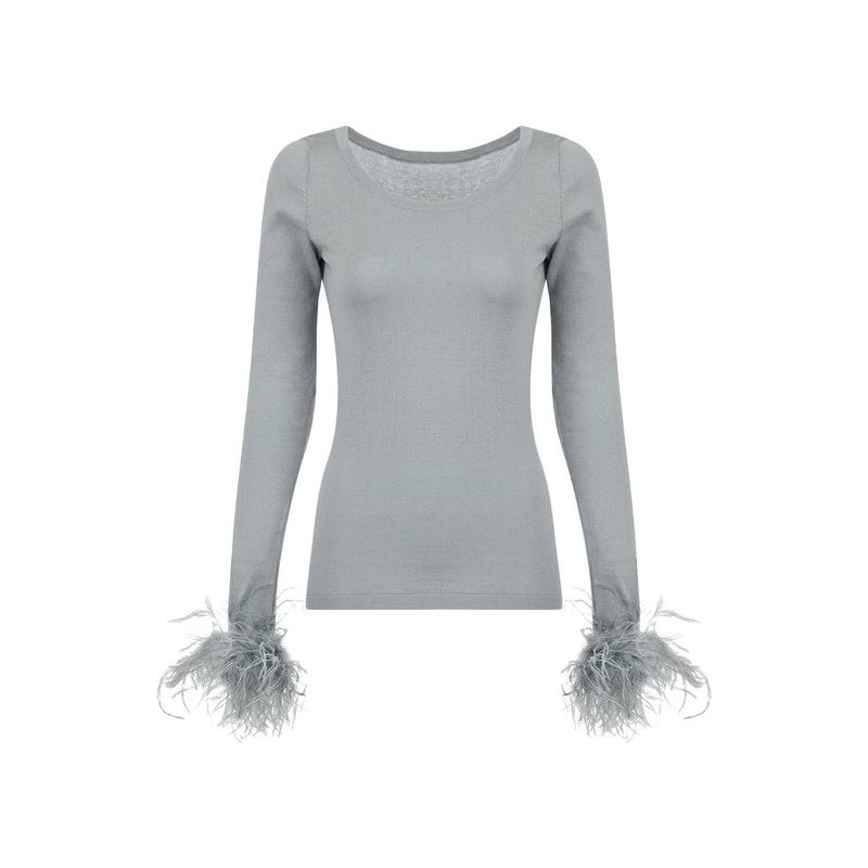 GREY CASHMERE KNIT TOP WITH DEATACHABLE FEATHERS CUFFS