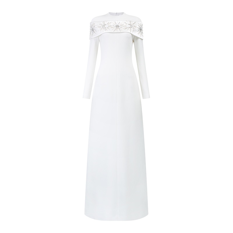 ROUND NECK SHOULDER CRYSTAL EMBELLISHED GOWN
