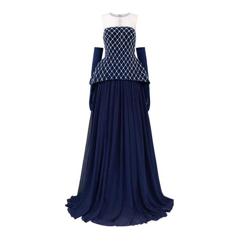 TAYLOR CREPE MIXED CHIFFON FLARED MAXI DRESS