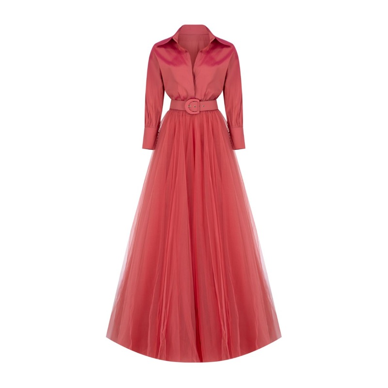 ARZU TERRACOTTA COLLARED V-NECK GOWN