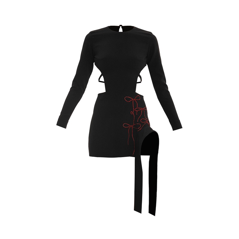 BLACK CRYSTAL BOW MINI DRESS